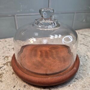 Vintage Goodwood Teak Wood Cheese Dome Glass Cloche Small Serving Platter 7.5in